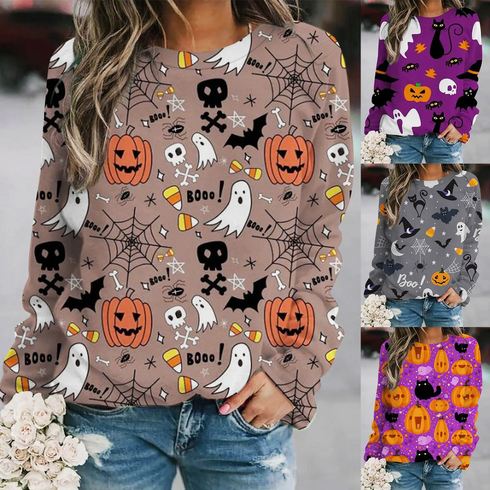 

Crop Top Women Casual Pullover Halloween Print Round Neck Long Sleeve Hooded Sweatshirt Top Womens Winter Sweatsuits 2 Piece