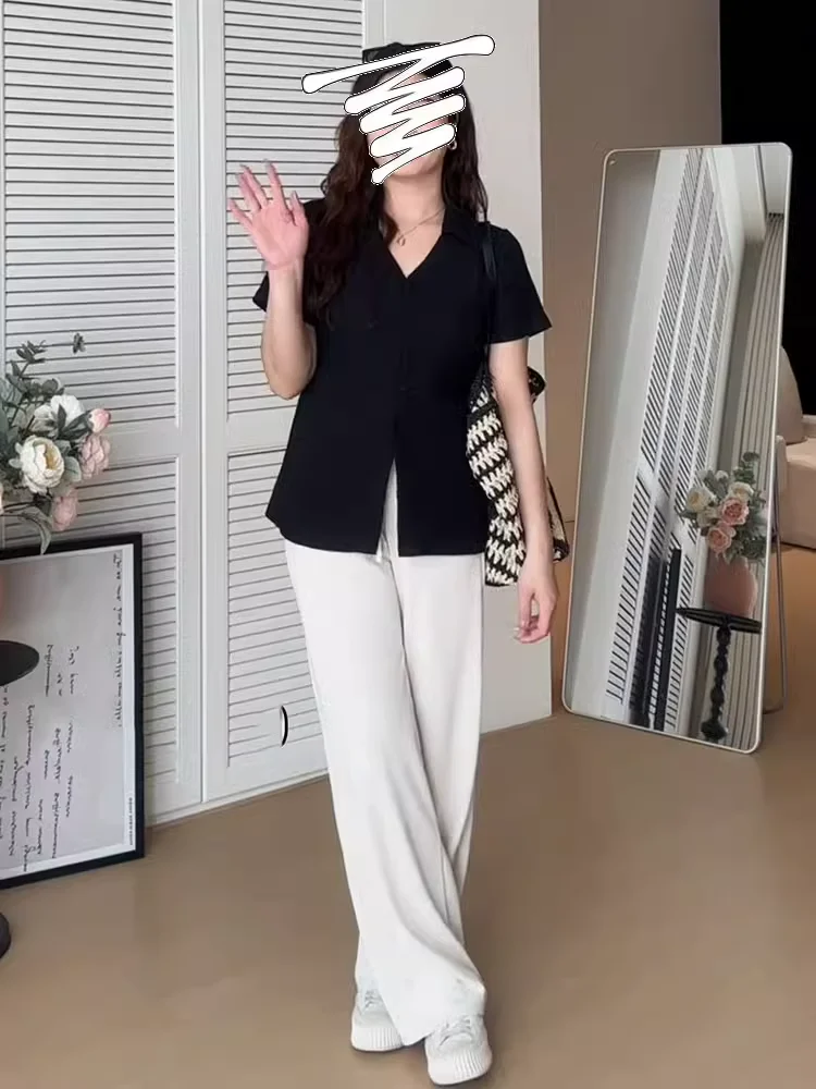 Plus size Black V-neck Shoulder Short sleeve T-shirt Women Summer New Chubby Girl Loose Belly Covering Hide Meat Slimming Shi... |