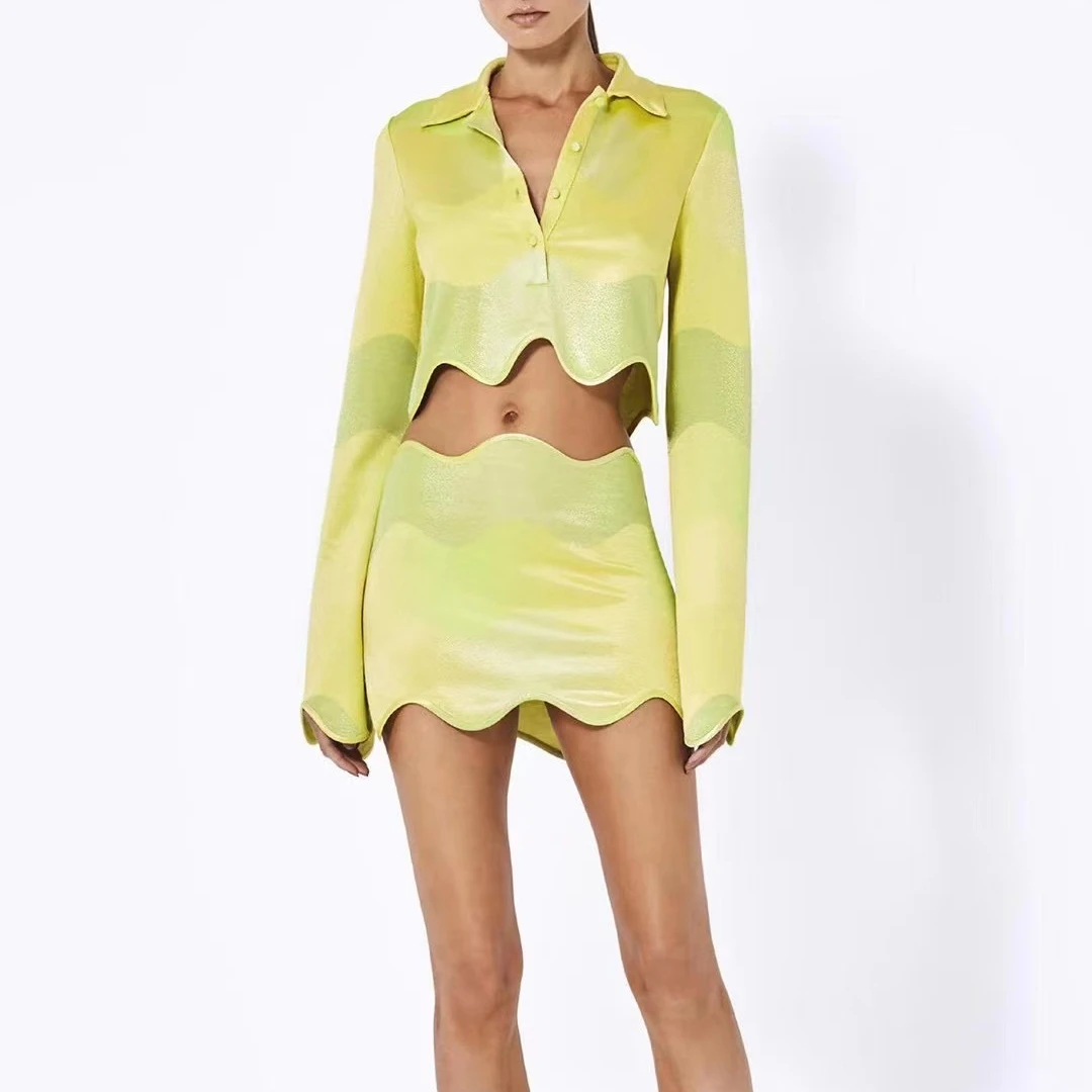 

Women Wave Cut Gradient Color set Long Sleeve Short Crop Shirt Top+ Mini Skirt