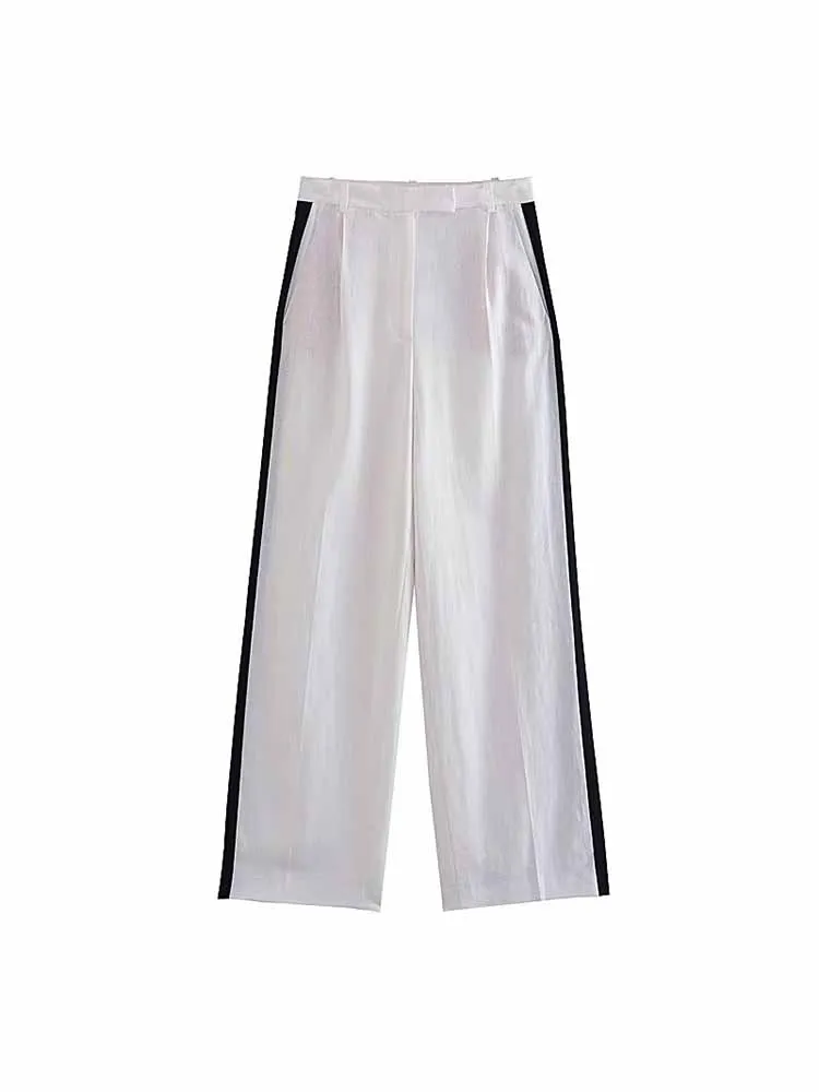 

Брюки BSK & ZA & TRF женские с высокой талией, модные повседневные Винтажные льняные штаны в стиле пэчворк, с боковыми карманами, на молнии, 3444/376