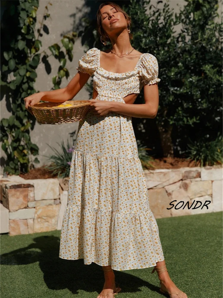 

2022 Summer Print Vintage Sexy Dress Women Backless Fashion Long Women Dress Plus Size