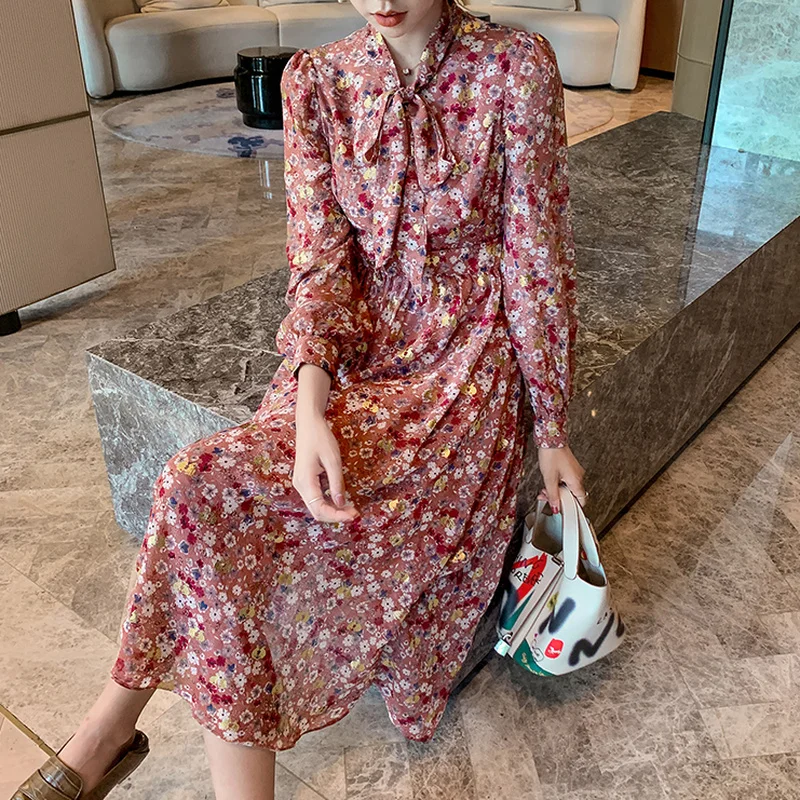 

Spring Summer Woman dress Female Vintage Print Floral Long Sleeve Casual Midi A-line Dress Women Chiffon Dresses Mujer Vestidos