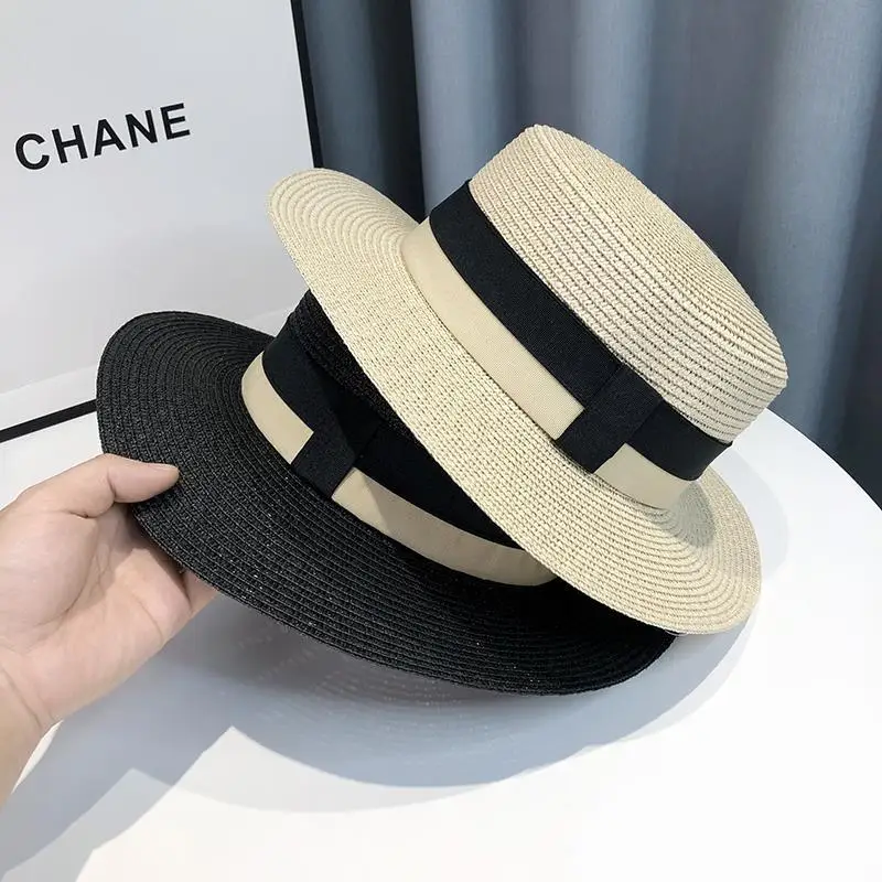 

French Straw Hat Women's Seaside Vacation Beach Sun Caps Flat Top British Style Top Travel Hats for Summer