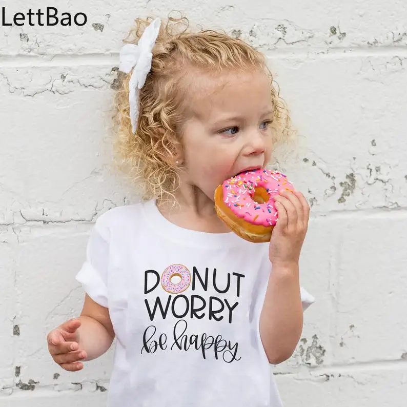 

10 Design Donut Worry Be Happy Cute Print Baby Girls Short Sleeve T-shirt Funny Donut Tee Shirts Children Kawaii Tops Clothes