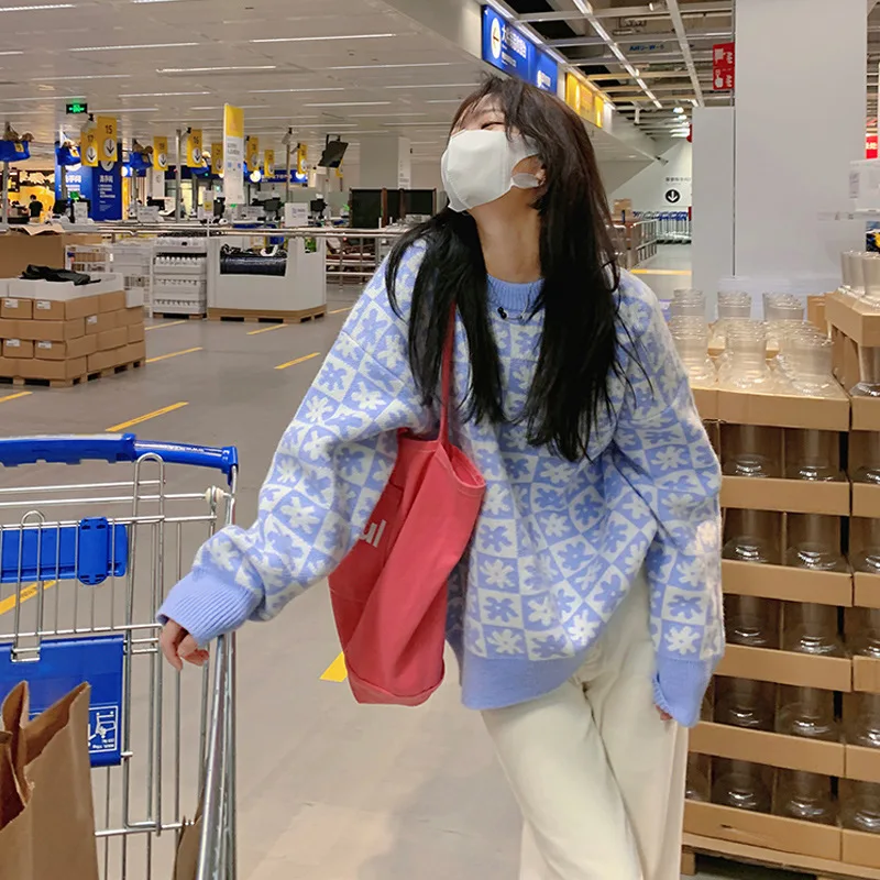 

Milk blue plaid pullover sweater women 2022 autumn new loose Korean long sleeve o neck casual wind knitted sweater jacket top