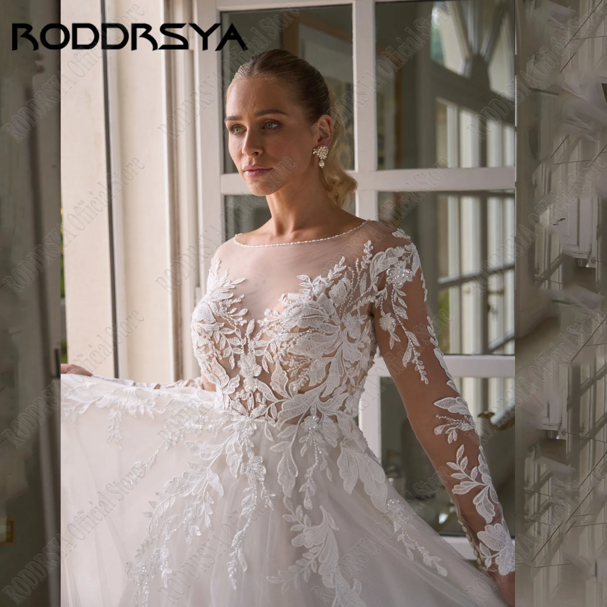Фото Свадебное платье RODDRSYA с длинными рукавами, бисером, а-силуэт, круглым вырезом, платья невесты для женщин, элегантные платья с пуговицами, аппликацией и шлейфомСвадебное платье RODDRSYA с длинными рукавами, шарики, №2