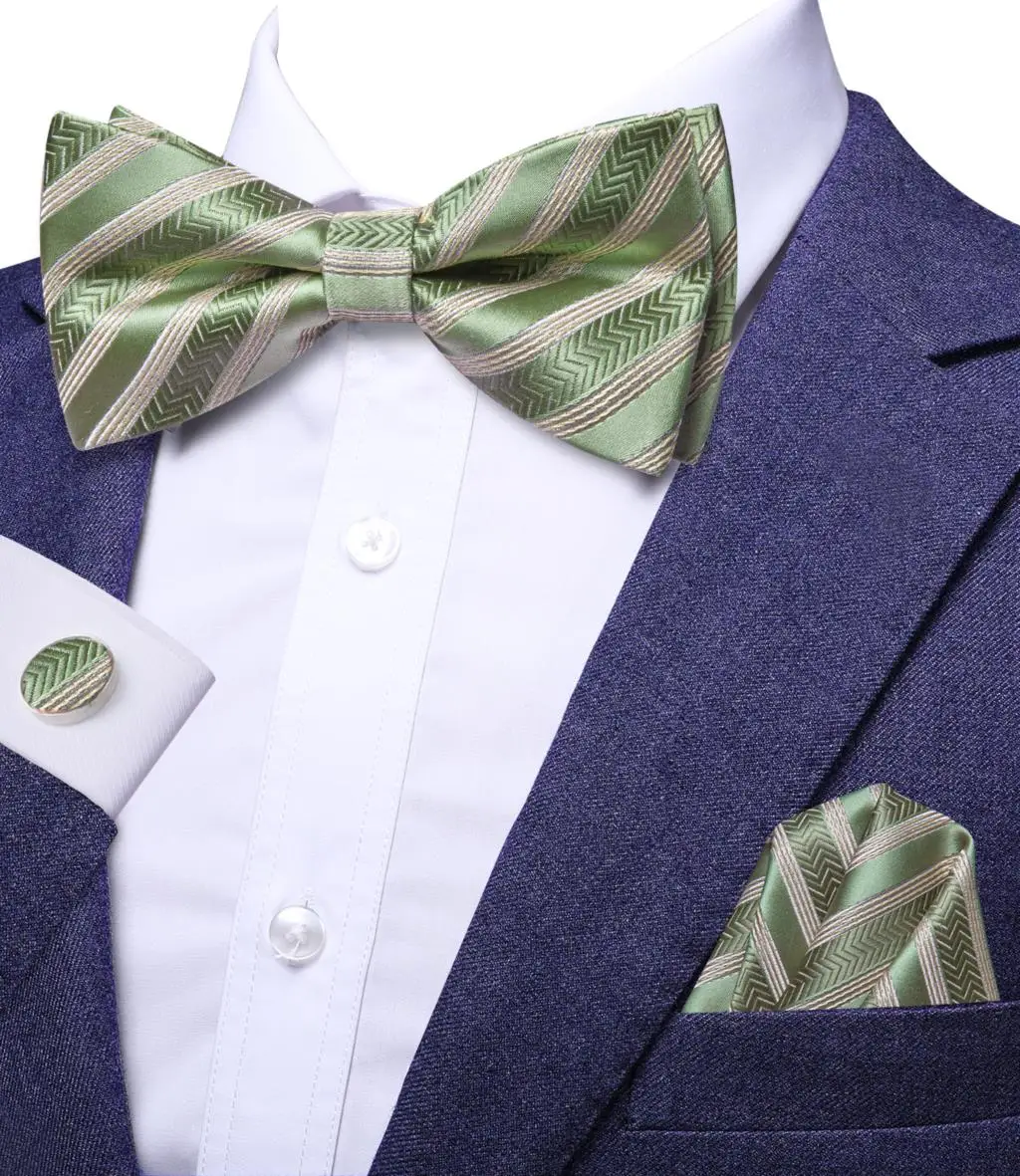 

Hi-Tie Striped Sage Green Butterfly Silk Men Bow Tie Hanky Cufflink Set Jacquard Pre Tied Bowtie for Male Business Wedding Party