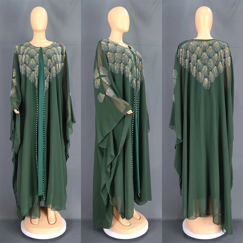 Plus Size Women Clothing Party Dresses Chiffon Heavy Industry Hot Rolled Diamond Beaded Robe Fashion Elegant Female Clothes