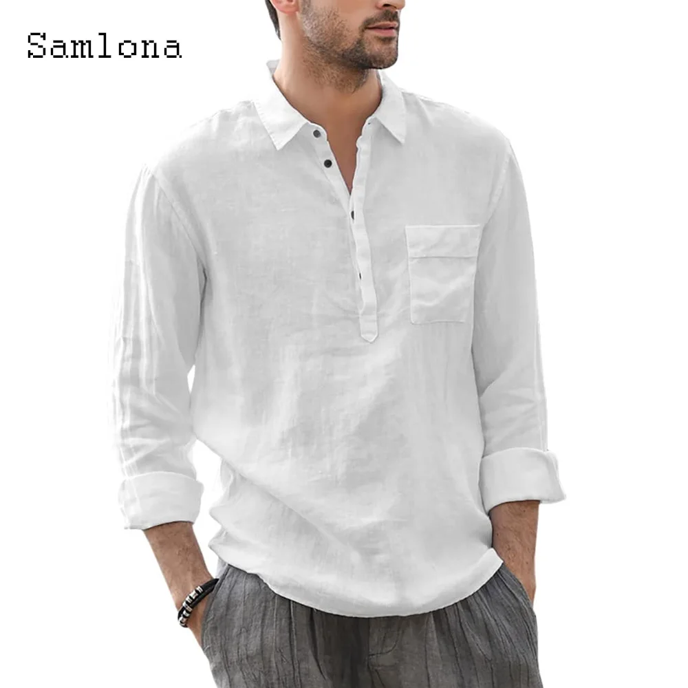 Samlona Men Casual Simple Beach Shirt Long Sleeve Pockets Blouses Sexy Mens clothing 2023 Single Breasted Tops Solid Pullovers