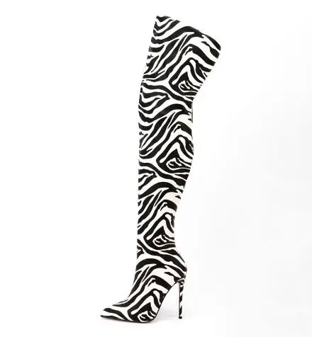 

Sexy Zebra Stripes Pointed Toe Slim Over The Knee Boots Women Fashion Black White 120 mm Thin High Heel Thigh Long Botas Shoes
