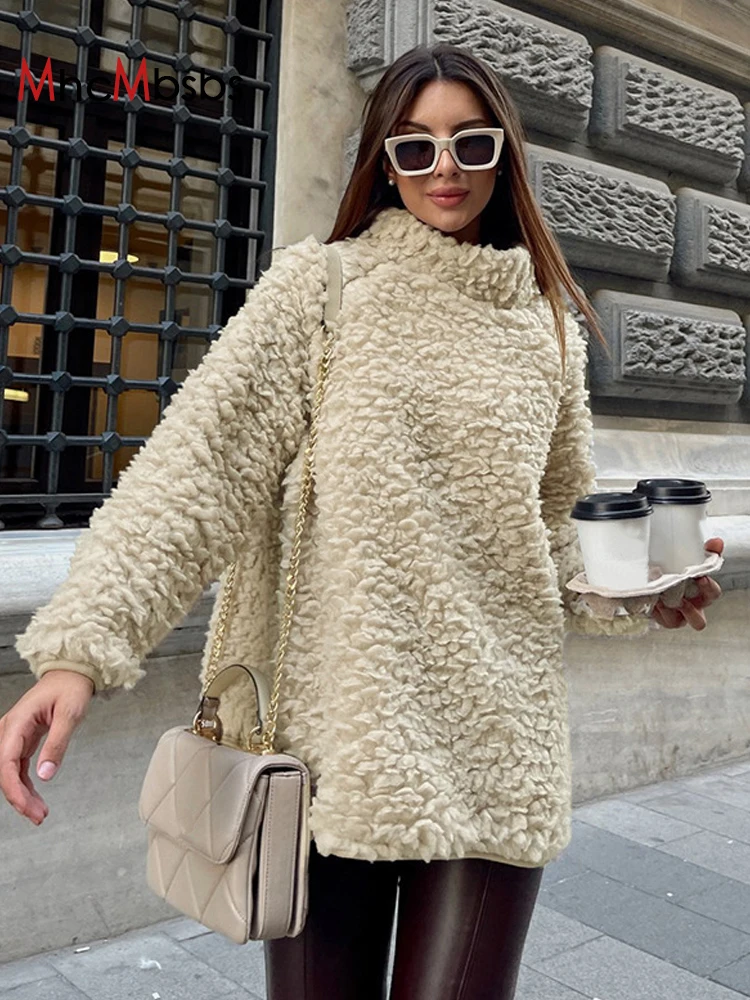 

Уютная пушистая Толстовка в Корейском стиле для ленивых женщин, мешковатый однотонный пуловер средней длины с длинным рукавом и круглым вы...