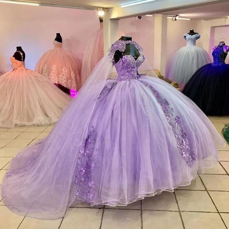 

Lavender Quinceanera Dresses Masquerade Puffy Ball Gown Prom Dresses 3DFlower With Cape Sweet 16 vestidos de 15 anos