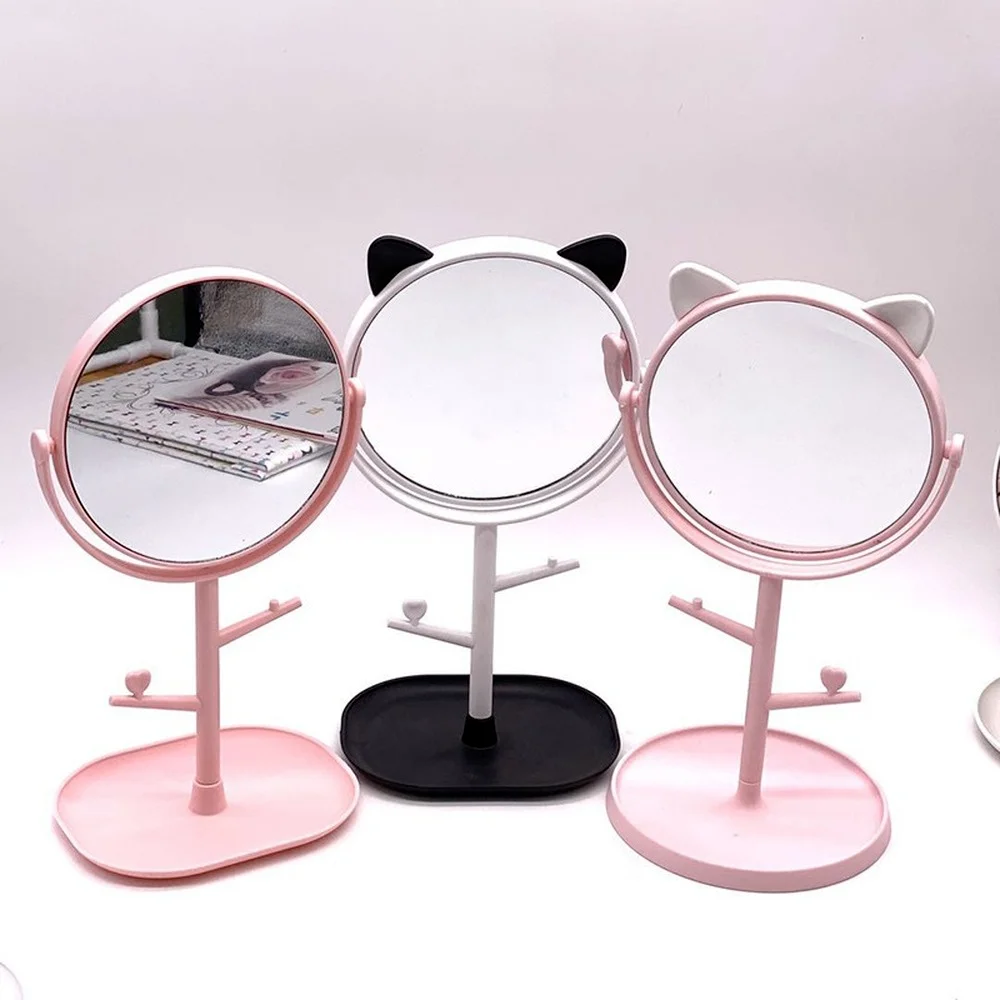 

Makeup Mirror Table Top Countertop Base for Bathroom Travel Plain Pink Cat Ears Mirror