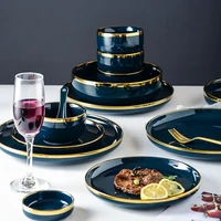 blue porcelain plate luxurious tableware gold ceramics tableware food salad restaurant bowl restaurant jinpan