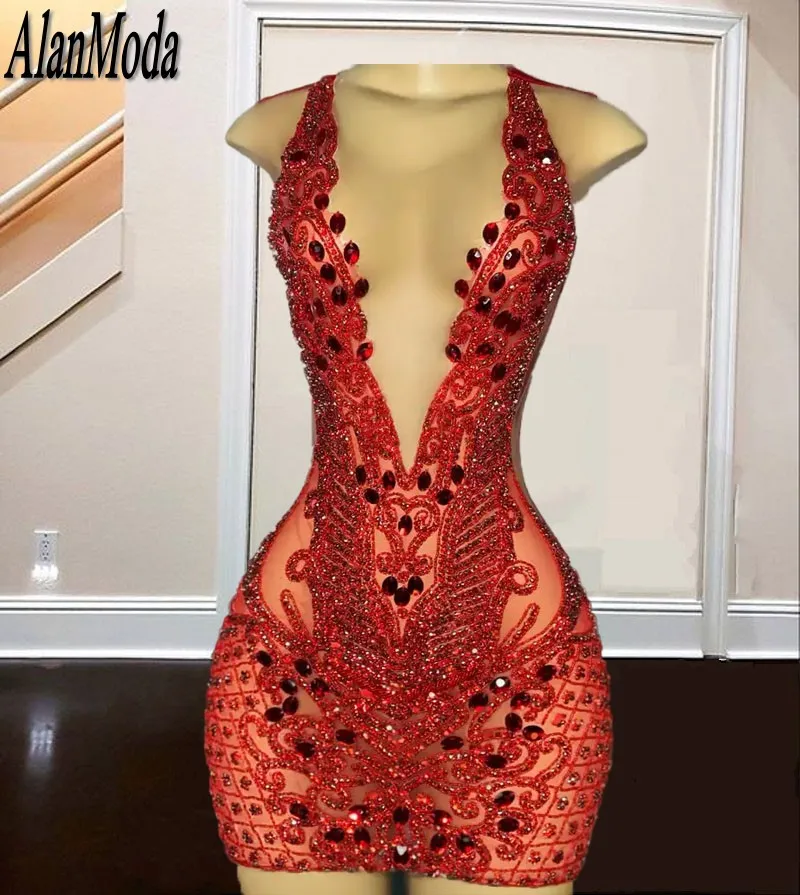 

Sparkly Red Diamond Prom Dresses Sheer Neck Crystal See Through Short Women Birthday Party Gowns Vestidos De Graduación