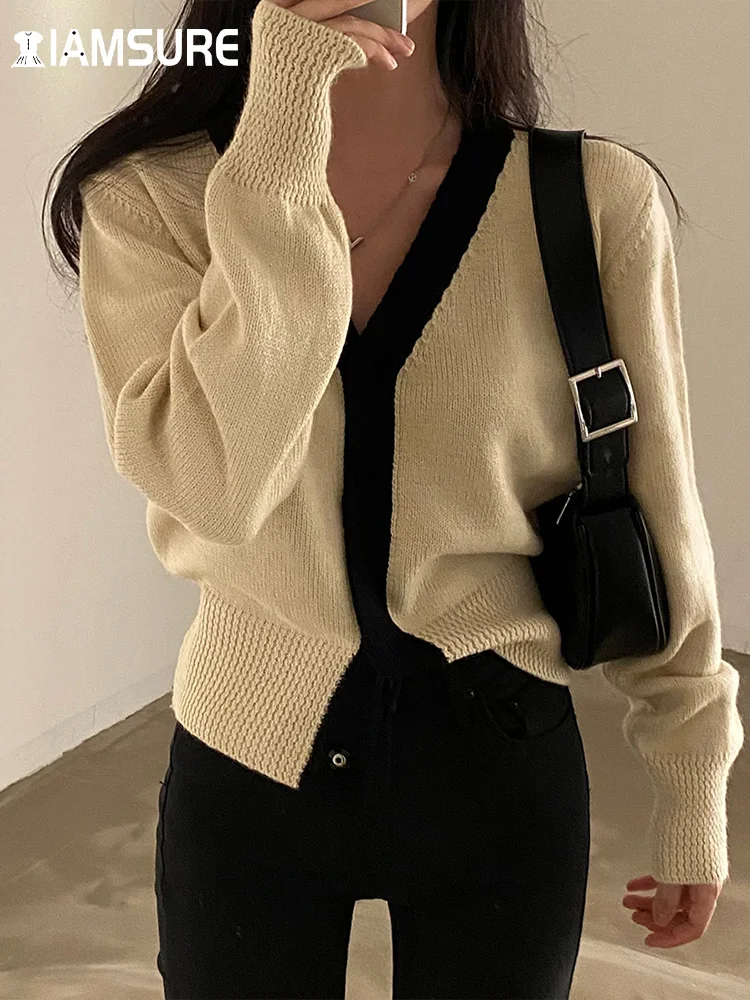 

IAMSURE Casual Basic Contrast Color Knitted Cardigans Women 2022 Autumn Winter Loose V-Neck Long Sleeve Sweaters Streetwear
