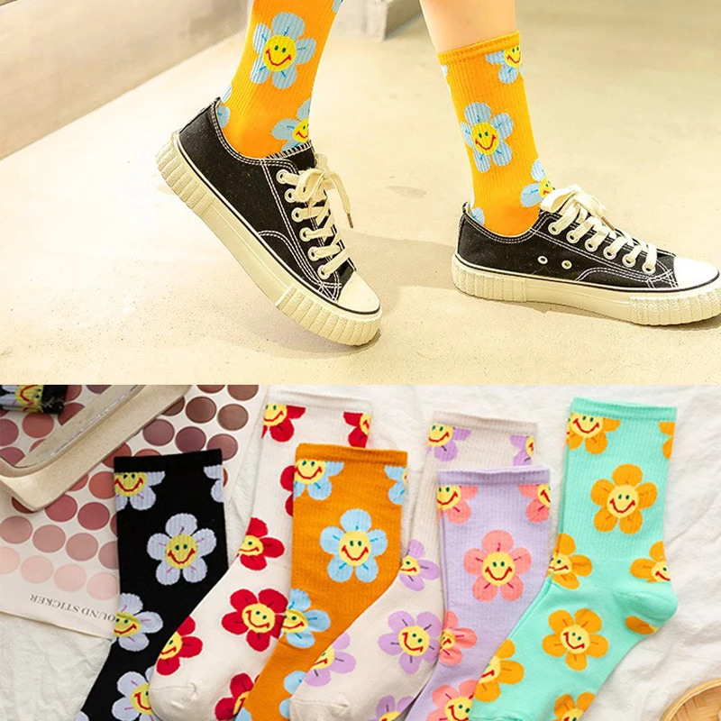 

Top Cartoon Smiley Flower Thin Women's Socks Harajuku Kawaii Cotton Socks Japanese and Korean Style Breathable Casual Soft Socks