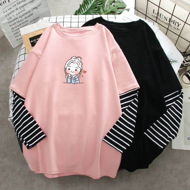 

DAYIFUN Plus Size Cotton T-shirt Fake Two-piece Cartoon Letter Printing Long Sleeve Top Women's Loose Stitching Striped T-shirt