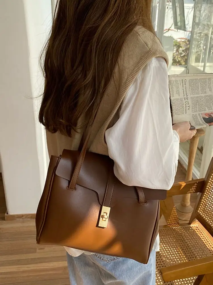 

Women Large Capacity Totes Fashion All-Match Vintage Shoulder Underarm Bags Solid Color Texture PU Leather Ladies Commuter Bag