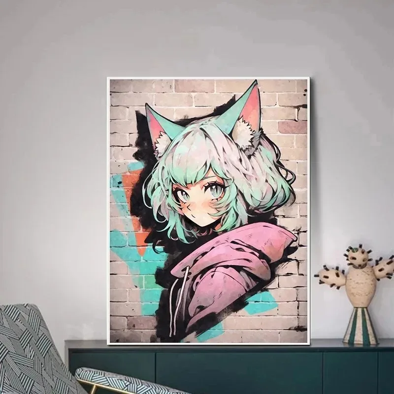 Аниме Кошка Девушка Граффити Стиль Плакат Холст Принт Настенное Искусство Для