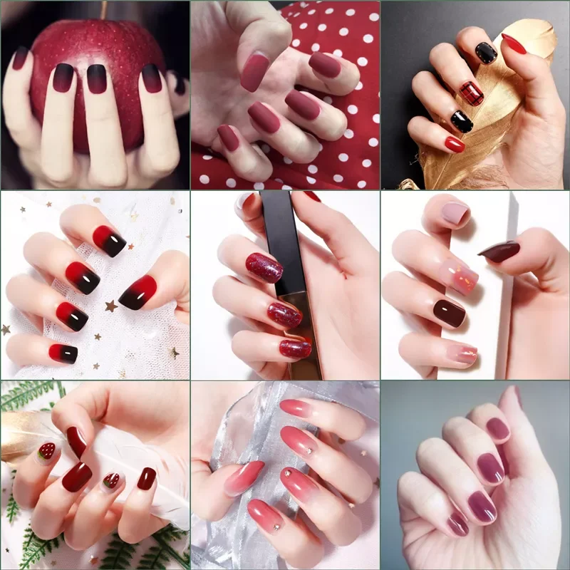 

NEW2023 Elegant Wine Red Christmas New Year Fake Nails Press on Nail Artificial Nail Tips with Glue Sticker Faux Ongles Unhas Gi