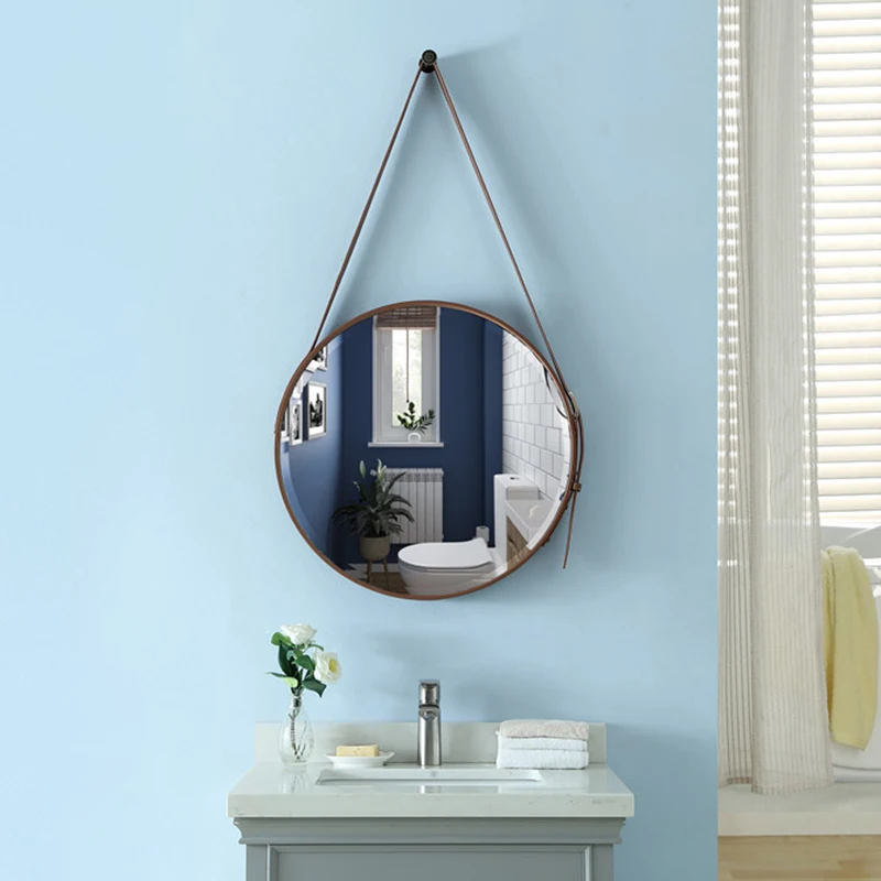 

Нордическое настенное зеркало, декор для ванной комнаты, кожаное зеркало, настенная подвеска, Круглый коридор, декоративные зеркала, аксесс...