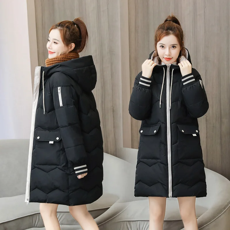 

2022 Winter New Women Hooded Down Jacket Plus Velvet Warm Cotton Clothing Fashion Mid-length Loose Coat Elegant Lady Clothing