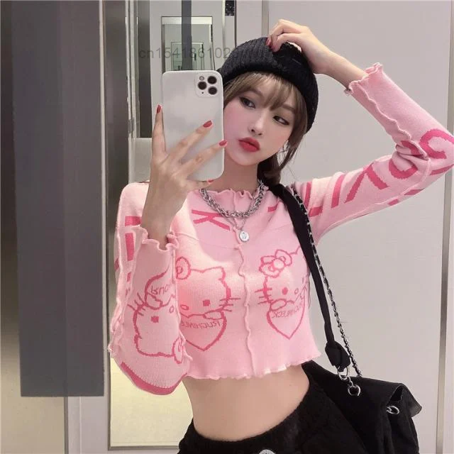 Girly Pink Thin Sweater Women's New Spring Autumn Slim Cartoon Hello Kitty Cute Print Short Navel Expose Top Y2k Fashion Clothes