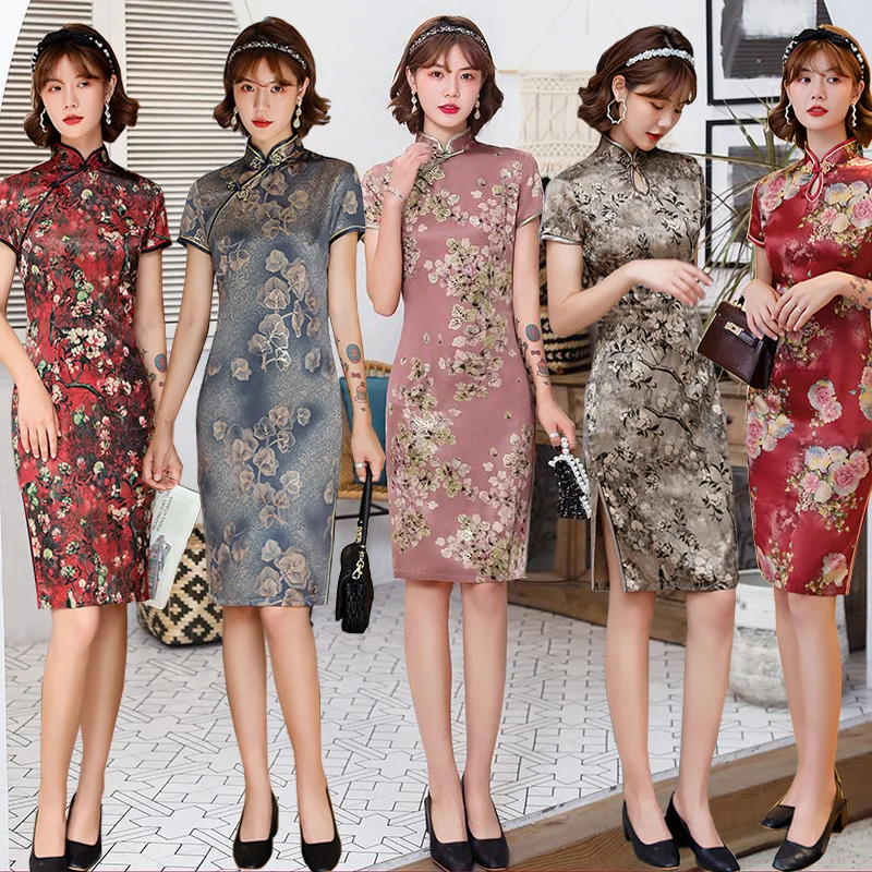 

8Colors Shanghai Chinese Traditional Cheongsam For Woman Elegant Stain Qipao Vintage Dress Wedding Dress Evening Party Plus Size