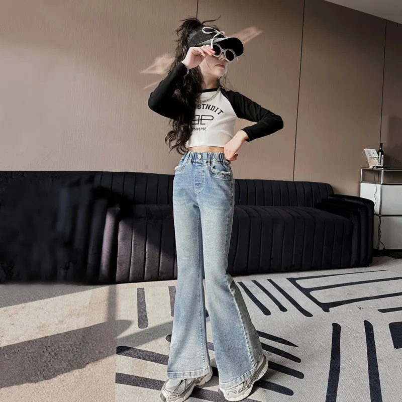 Spodnie dla dziewczynki Dżinsy dziewczynek Rozkloszowane spodnie Jesień 2024 Nowy Casual Slim Stretch Flared Fashion Comfort Pant Children