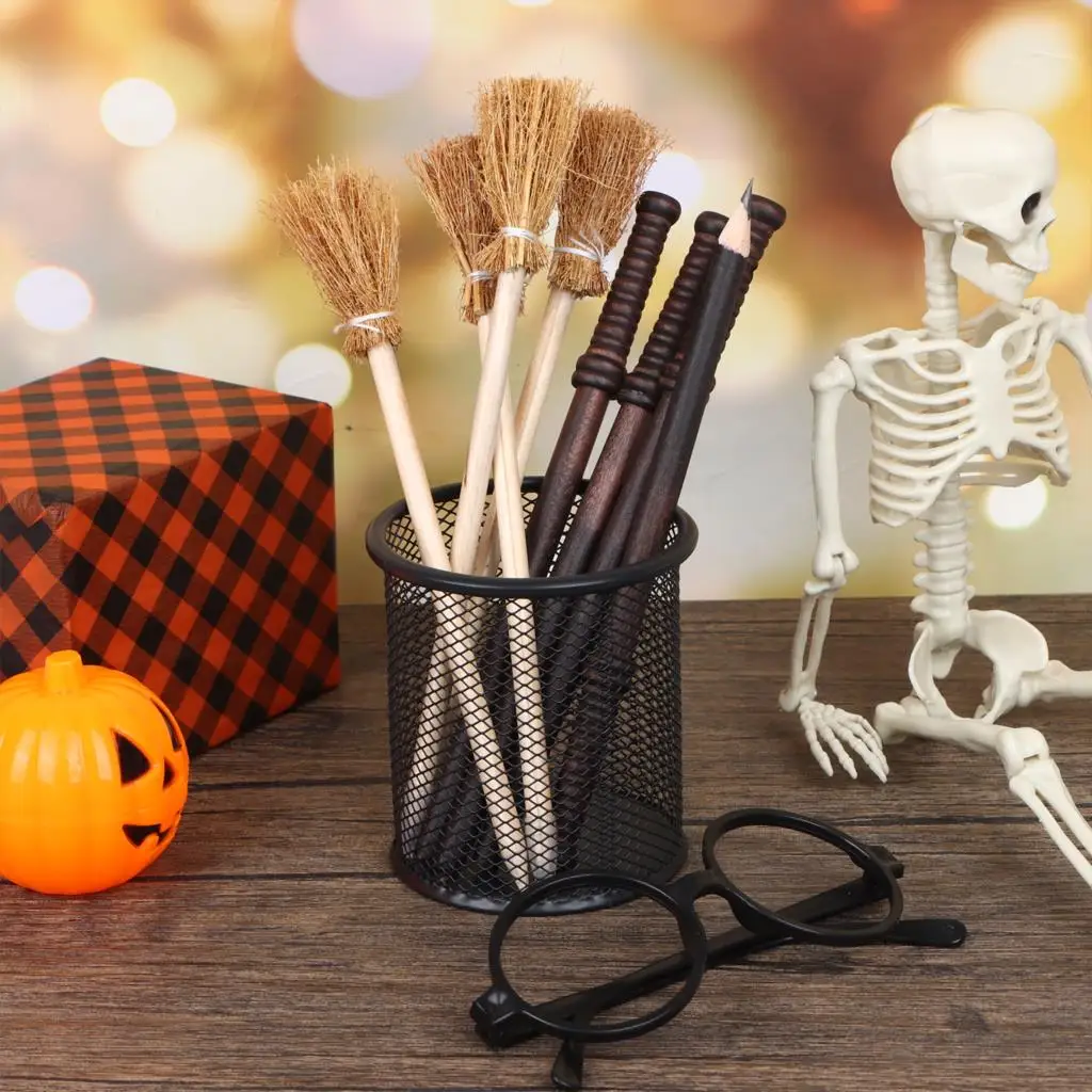 Wooden Rod Broom Pencil Black Round Glasses Frame Wizard Gift Stationary Halloween Party Role-playing Accs
