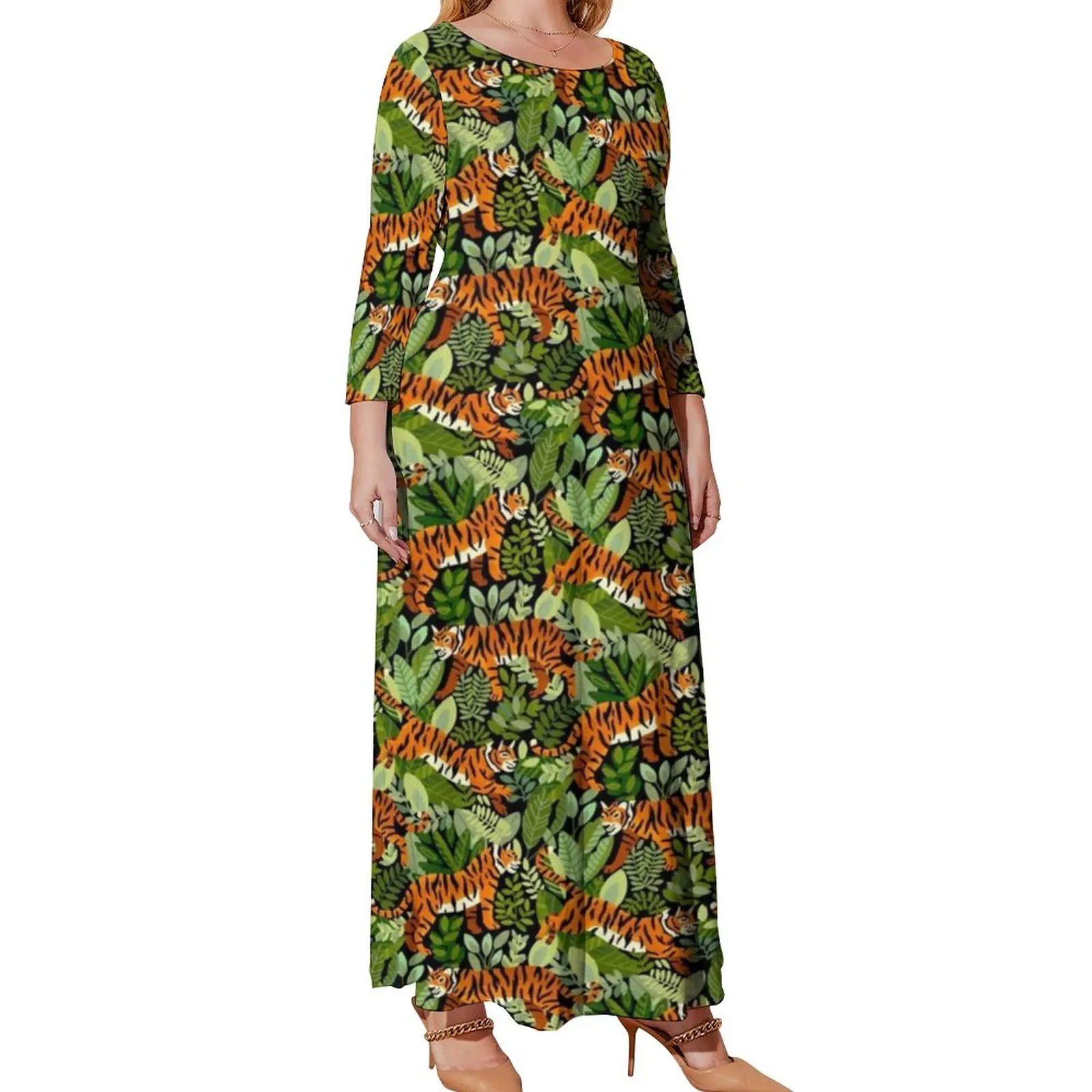 

Bengal Tiger Dress Green Jungle Print Party Print Maxi Dress Long Sleeve Korean Fashion Bohemia Long Dresses Gift Idea