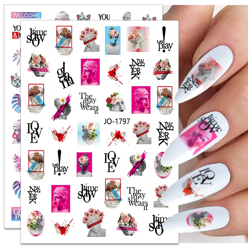 

Abstract Lady Face Nail Stickers Sketch Image David Nail Decals Geometric Sliders Paper Manicure Designs Nail Art Decorations