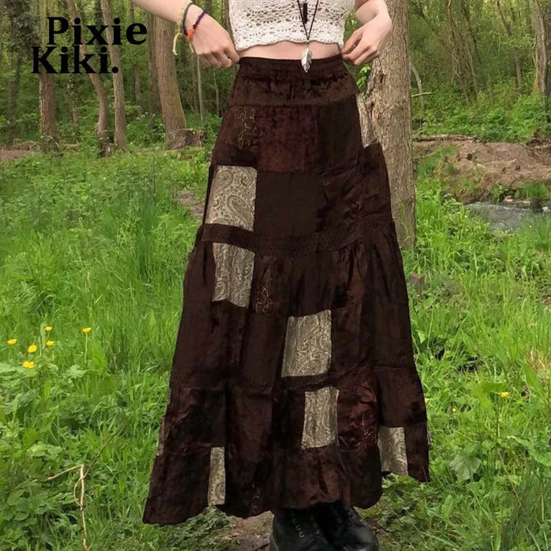 

PixieKiki Fairy Grunge Long Skirts for Women Y2k Clothes Brown Aesthetic Vintage Patchwork A Line Maxi Skirt P77-EZ32