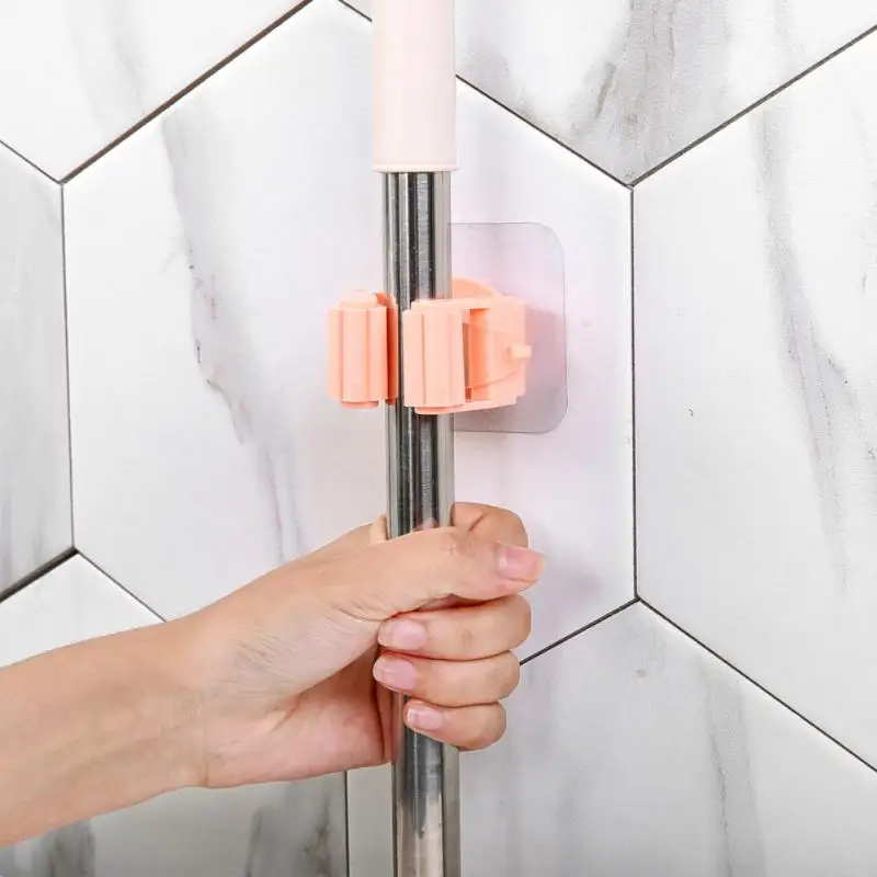 

Waterproof Mop Organizer Wall-mounted Broom Hanger Hooks Self-adhesive 1pcs Mop Storage Bathroom Organizer Multi-purpose Strong
