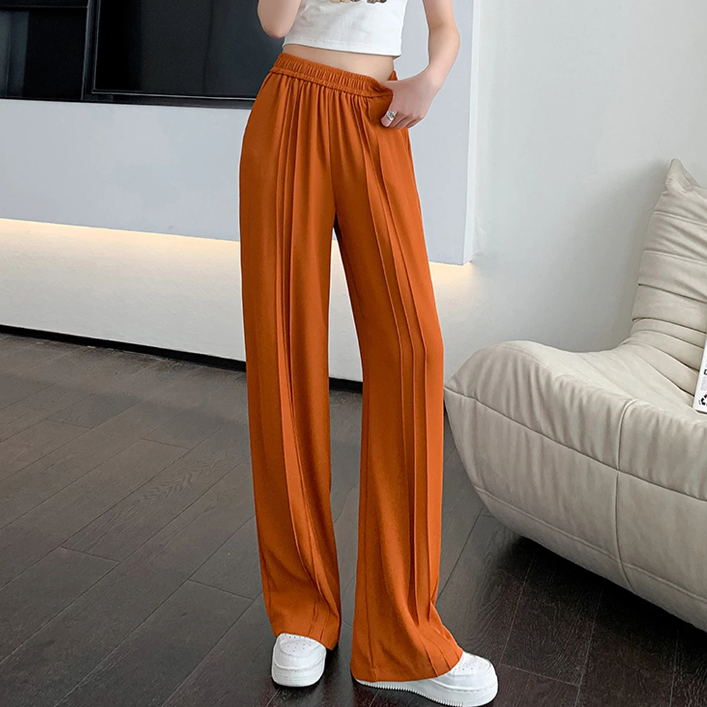 

New Arrivel 2022 Summer Fashion Thin Wide Leg Pants For Women Elegant Chic Pleated Elastic High Waist Straight Trousers Womens