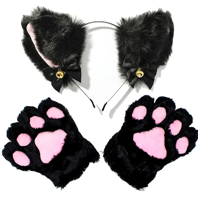 

Ear Maid Gloves Cosplay Costume Set Plush Ear Bell Headband Hair Band Bowknot Bells Hair Clips Paws Anime Props for Girls