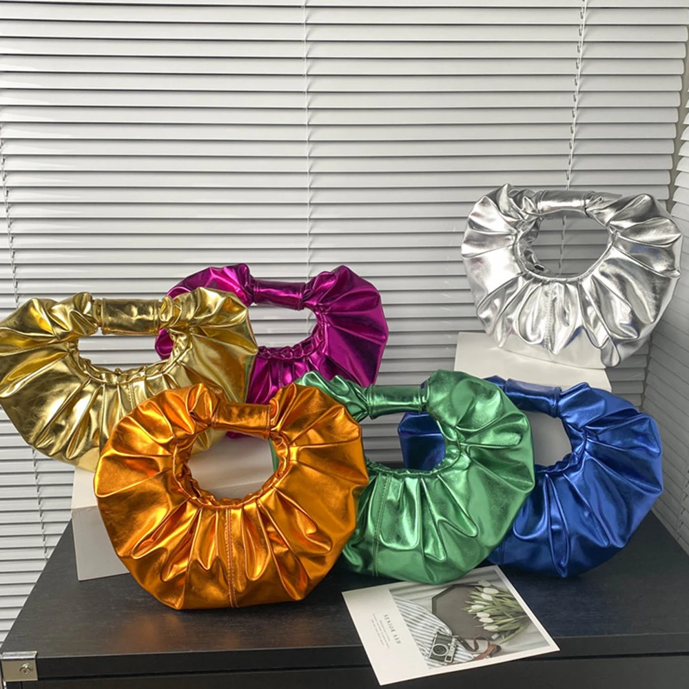 

Candy Color Women's Handbags Laser Silver Clutch Metallic Pleated Shoulder Bags for Women 2023 Luxury Designer Bag Ladies Tote