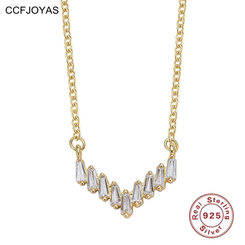

CCFJOYAS V-shaped Shiny Inlaid Cubic Zirconia Exquisite Necklace for Women 925 Sterling Silver Choker Chain Fine Jewelry