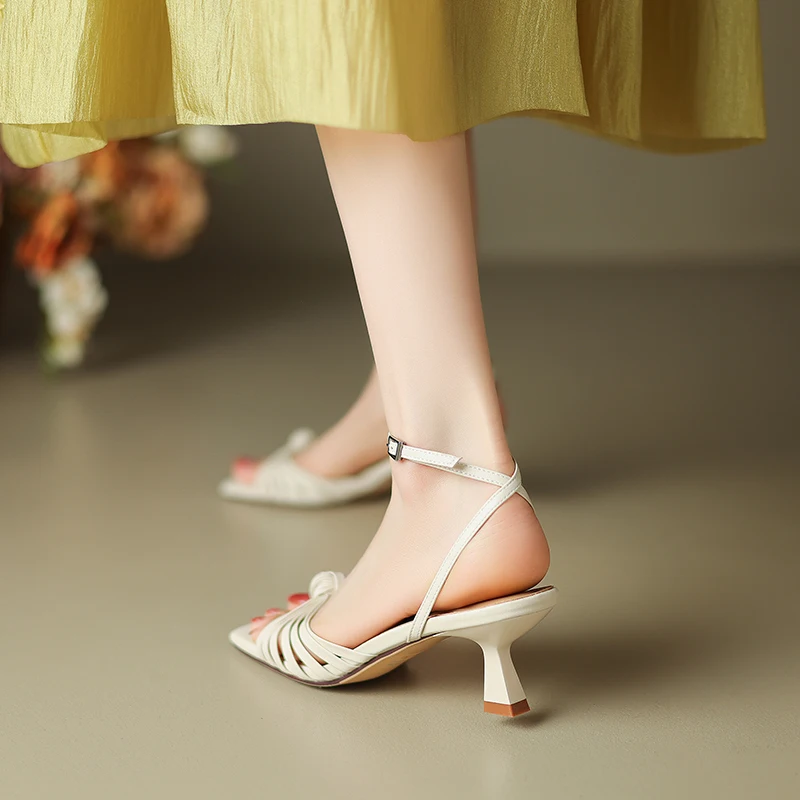 Women's Knotted Dress Sandals Square Toe Strappy Shoes Silver Beige Purple Kitten Heels