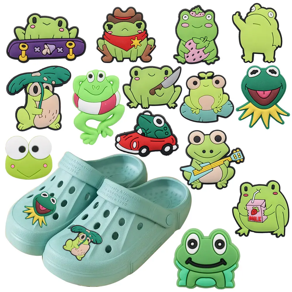 

Good Quality 1-14pcs Shoe Charms Cute Funny Green Frog Accessories PVC Shoe Decoration DIY For Croc Jibz Fit Wristbands