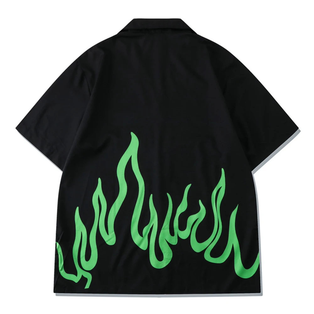 Short-sleeved Shirt Shorts Two-piece Men's Trendy Brand Fashion All-match Casual Suit Street Personality Flame Print Loose