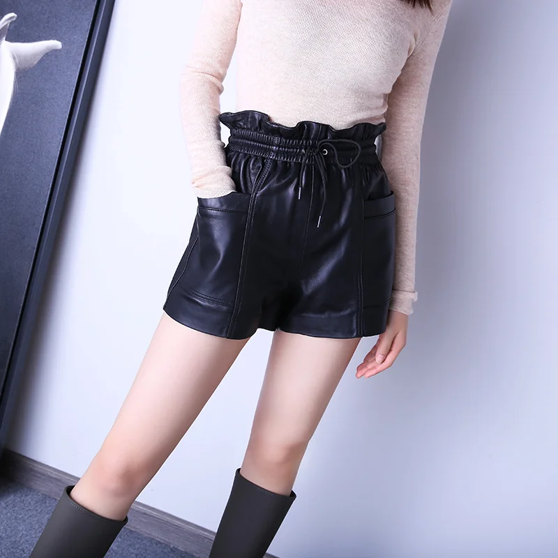 Wide Legs Shorts Women Ladies Thin Drawstring Large Pocket Casual Genuine Leather Short Hot Pants Mujer Harajuku Streetwear Ropa