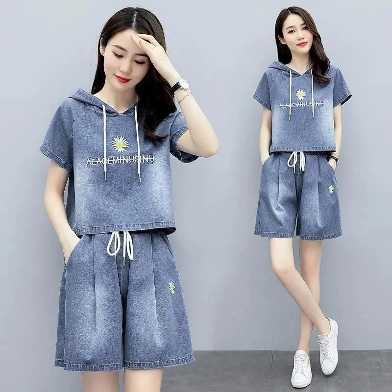

2022 Summer Fashion Denim Two Piece Sets Women's Hooded Short Sleeve & Shorts Suit Sets Woman Casual Loose Sports Sets Tracksuit