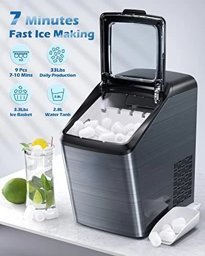 

Столешница для льда, 33 фунта/24 часа, переносная столешница для льда, 9 кубиков готовых за 7-10 минут, 2 размера кубиков льда, самостоятельная