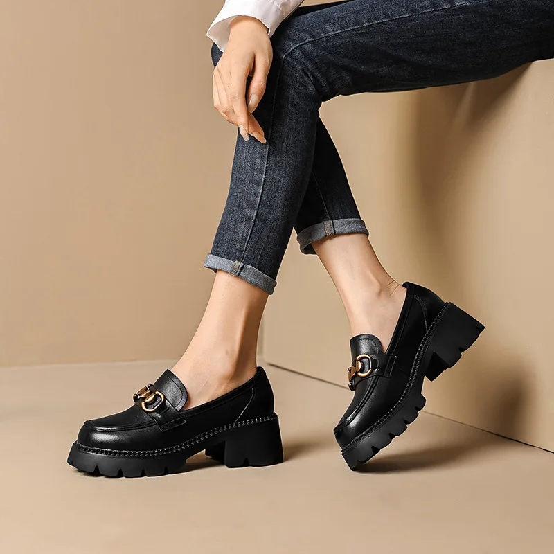 Platform Punk Women Loafers Cow Leather Round Toe Black Brown Metal Chain Oxfords Shoes Retro Slip on Flats for Women Handmade