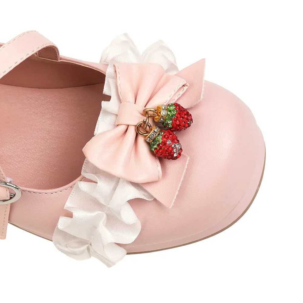 Feminine Bowtie Mary Jane Shoes for Crossdressers Sissies Ankle Strap Chunky Heel Strawberry Pendant Plus Size Women Footwear