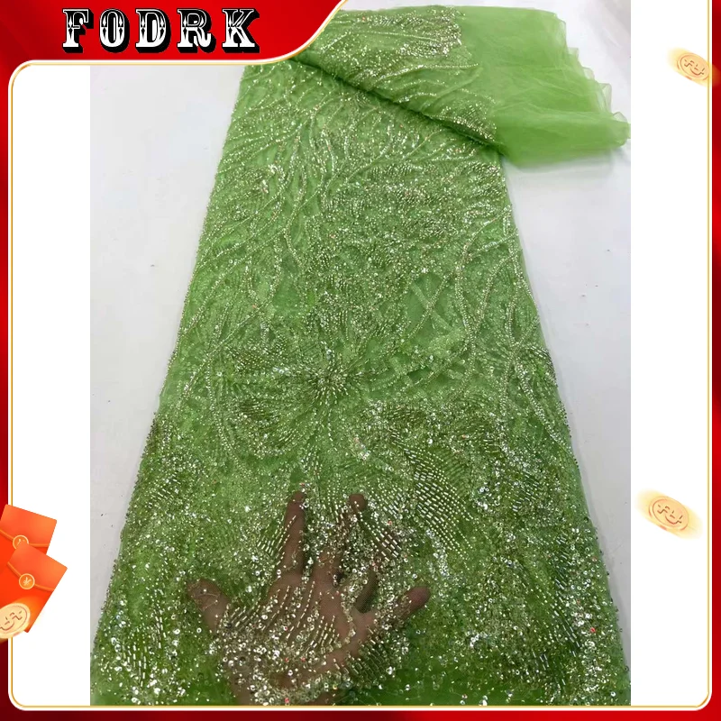 

Green High-End Sequins Embroidery French Mesh Lace Fabric Latest African Handmade Beads Tulle Lace Fabrics for Party