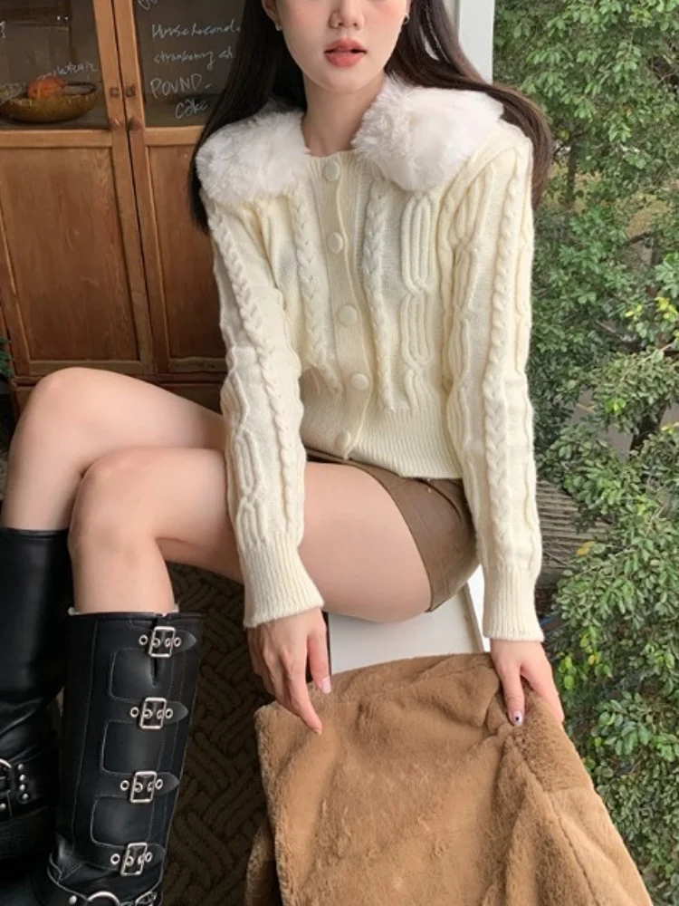 

Faux Fur Pure Color Knitted Sweater Tops Woman Elegant Long Sleeve Cardigan Design Casual Korean Fashion Clothing 2023 Spring