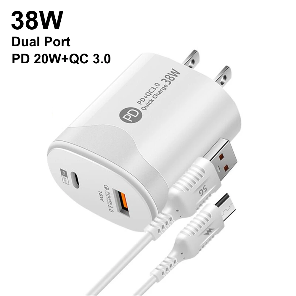 

38W Dual Port Wall Charger US EU Plug USB Type C QC 3.0 PD Fast Charger Power Adapter With Cable For Iphone Samsung Xiaomi Phone